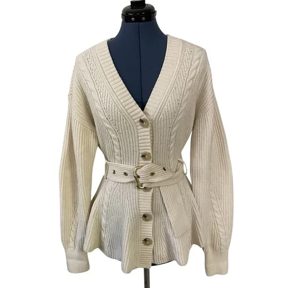 Anthropologie Maeve Cream Cableknit Peplum Belted Cardigan Cozy Career Classic M - Picture 2 of 12
